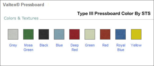 STS Pressboard Color Options.