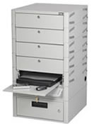 TekStak laptop storage tower is designed to store, secure, and even charge laptops and other electronic devices.