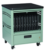 Laptop depot cart, store and charged laptops in single unit.
