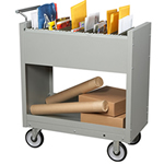Large selections of mobile steel mail and file carts.