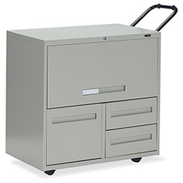 Mobile File Taxi is a locking mobile office-in-a-box – a handy work surface and convenient wagon-style pull handle.