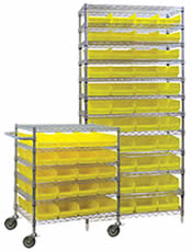 Chrome Wire Shelving with Plastic Bins.