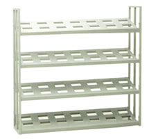 Heavy gauge steel racks hold bulk mailroom sorting bins & tubs.